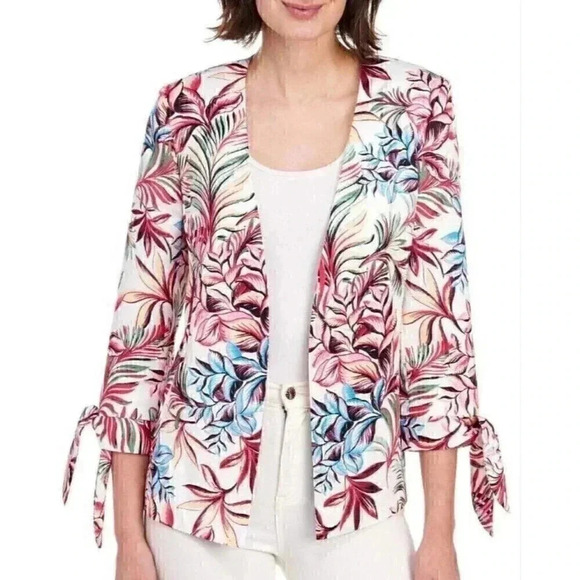 Tahari ASL Women 18W Floral Open Jacket Ivory Multicolor 3/4 Tie Sleeve NEW - Picture 8 of 9